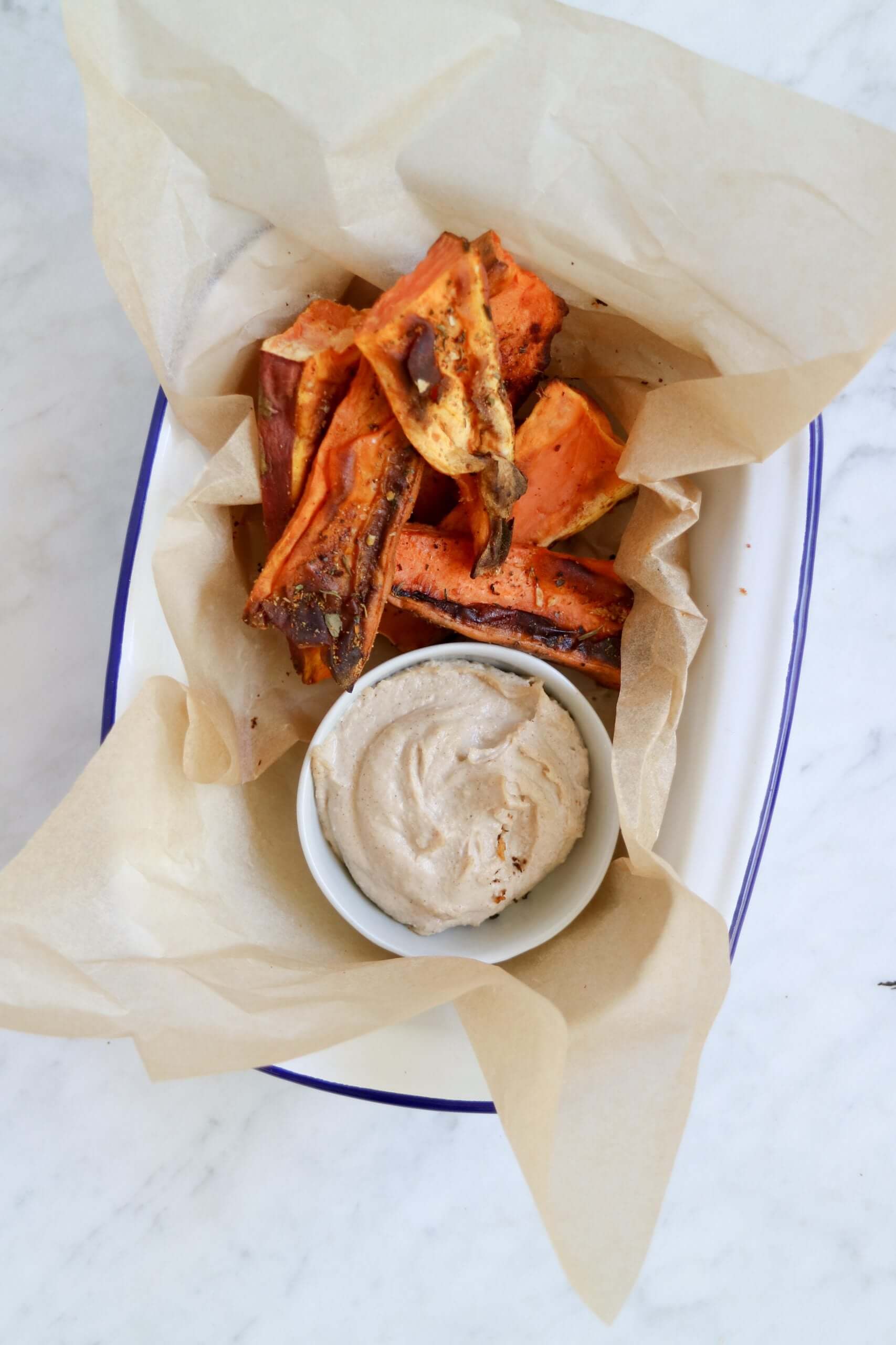 Sweet Potato Chips with Garlic-y Tahini Sauce